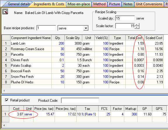 Full recipe costing. Calculates production cost, retail price (with ...